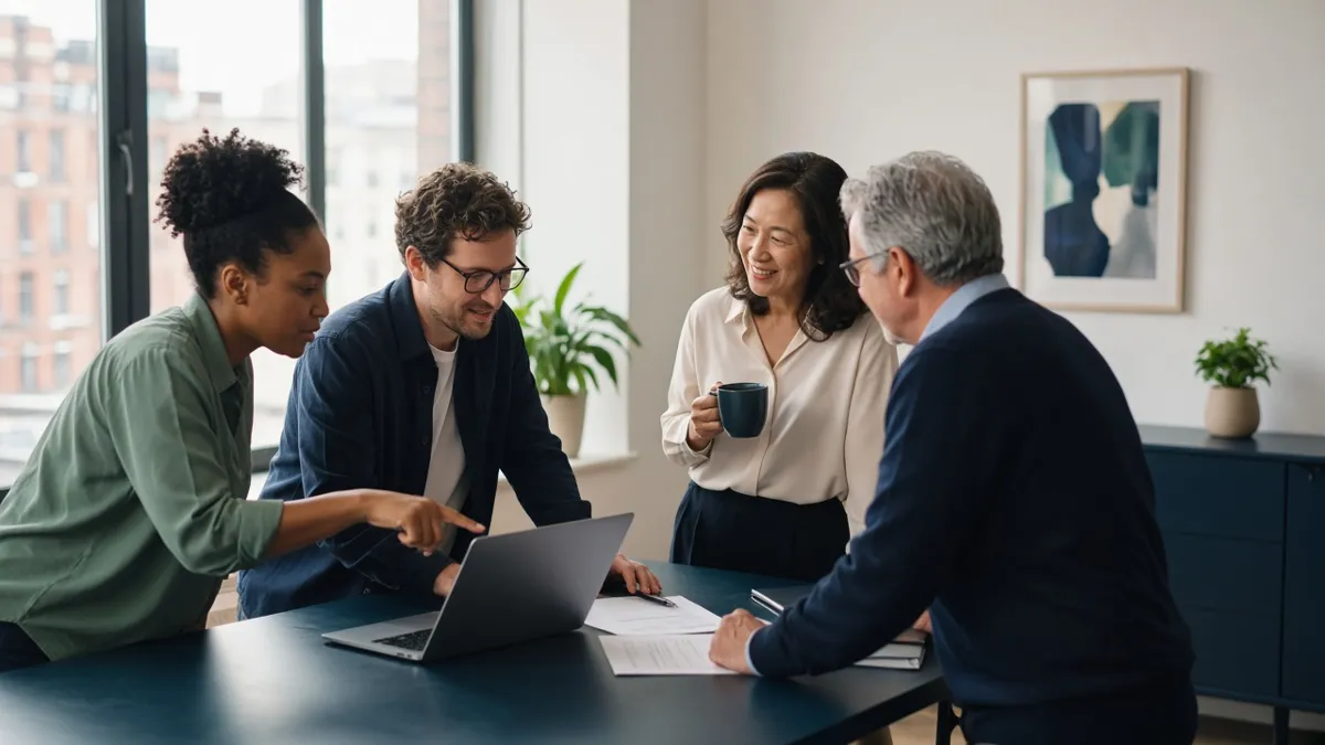 Small team talking around a laptop
