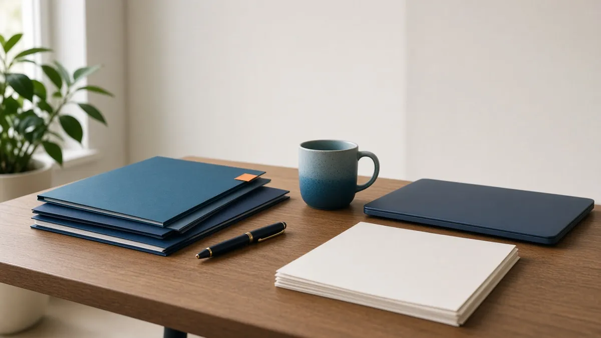 Tidy desk with teal folders and a closed laptop