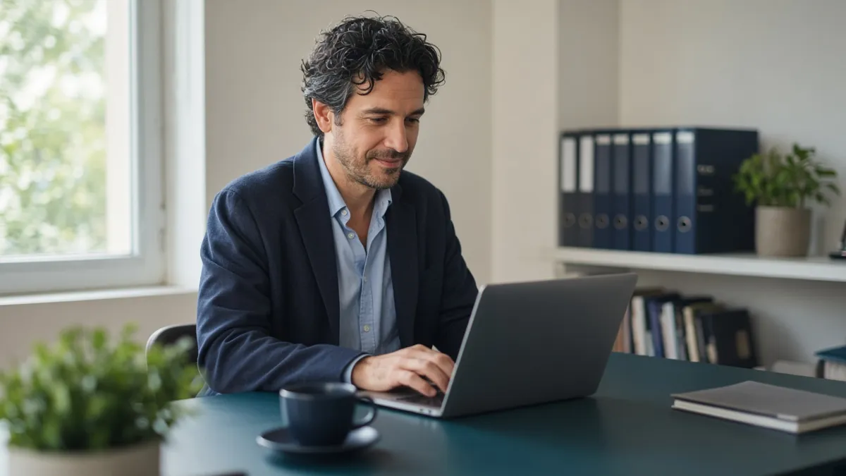 Attorney working calmly at a laptop by a window
